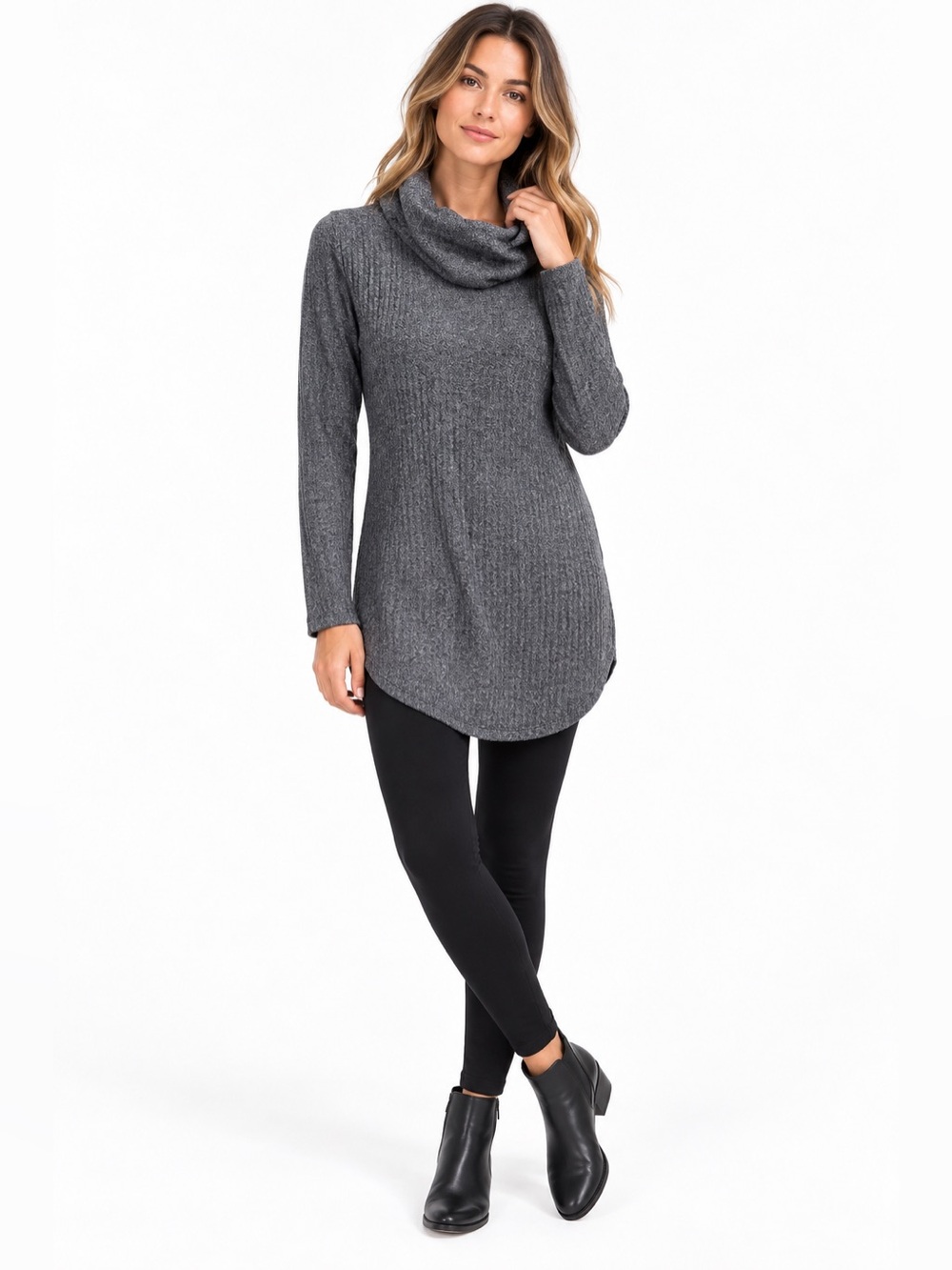 Orvis Women’s Cowl Neck Tunic Top M Charcoal Gray Modal Stretch Ribbed